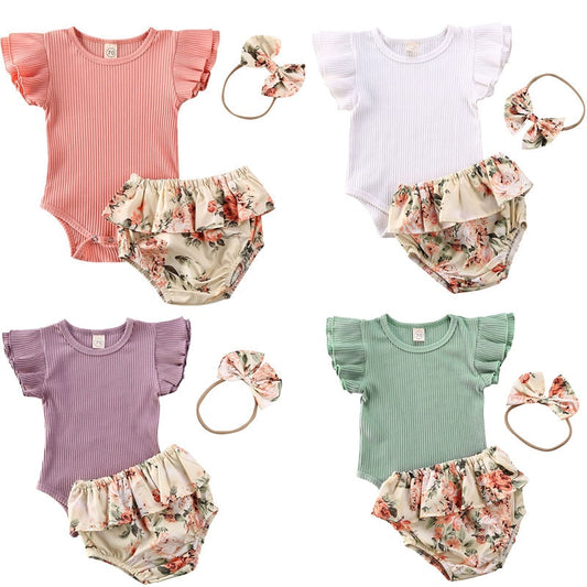 Ruffle Sleeve Onesie, Floral Bloomers & Headband Sets | Stylish Cotton Outfit Sets for Infants itsykitschycoo