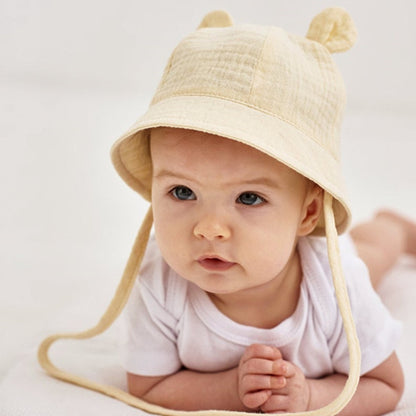 Bear Ear Baby Bucket Hat | Adjustable Strap, Unisex Cotton Hat for Babies 3-12 Months itsykitschycoo