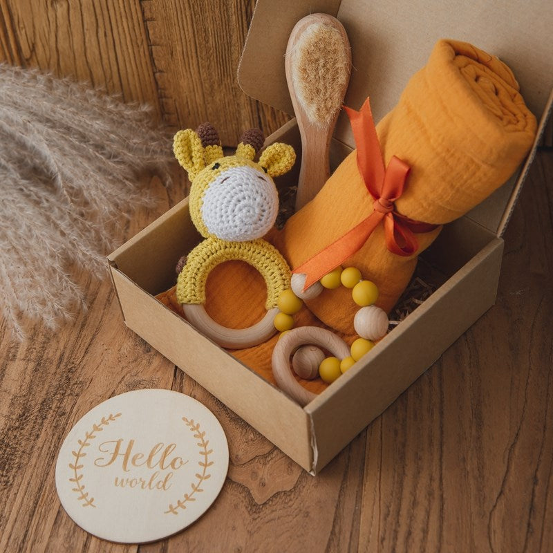 Baby Gift Sets | Charmingly Packaged Blanket, Rattle, Brush, and Wooden Teether itsykitschycoo