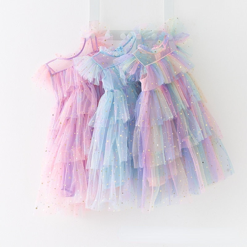 Girls Tulle Dress | Dress Rainbow Colored Sleeveless Layered itsykitschycoo