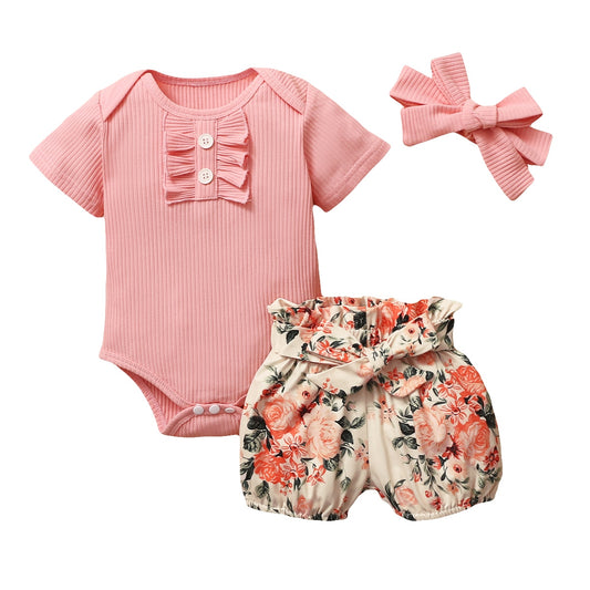 Girls Summer Three Piece Sets | Button Onesie, Floral Bloomer Shorts & Headband itsykitschycoo