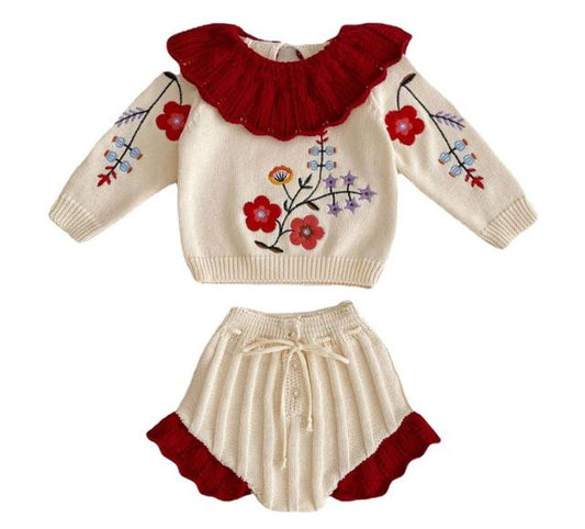 Baby Knit Sweater + Ruffle Edge Bloomer Set | Elegance in Embroidered Florals itsykitschycoo